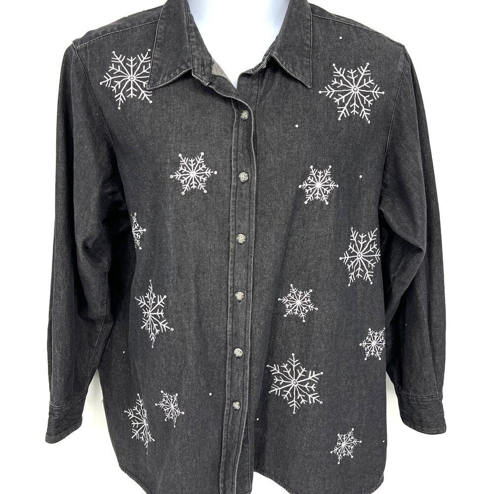 Vintage Quacker Factory Black Denim Button Up Blouse Rhinestone Snowflakes Sz 1X
